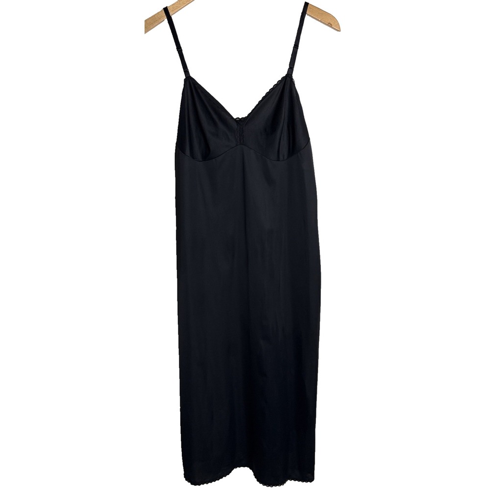 Vtg Vanity Fair Slip Dress Midi Womens 36 Black Lace Semi Sheer Whimsygoth Fairy